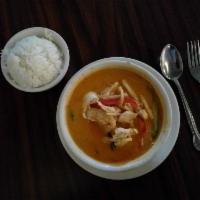Red Curry · Classic Thai red curry with coconut milk, bamboo shoots, red bell pepper, jalapeno and basil.