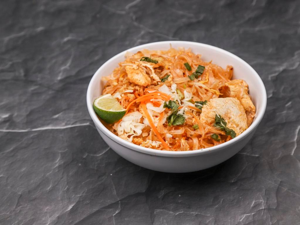 Pad Thai Stir-Fried Noodles · Thai famous stir-fried rice noodle with eggs, bean sprouts, green onions, cilantro and crushed peanuts.
