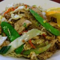 Pad Woon Sen · Stir-fried bean thread noodle with eggs, cabbage, mush room, carrots and green onions in spe...