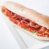 PieZoni’s BLT Sub · Applewood-smoked bacon, crisp lettuce, tomatoes and mayo.
