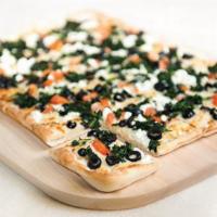 Mediterranean Pizza · White pizza. Oil and garlic, olives, tomatoes, spinach and feta cheese.