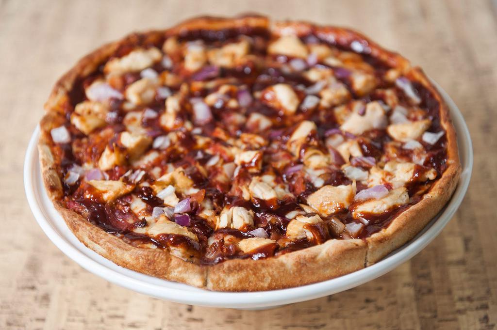 Smokey Joe Pizza · Grilled fresh chicken, bacon and red onions swirled with BBQ sauce.