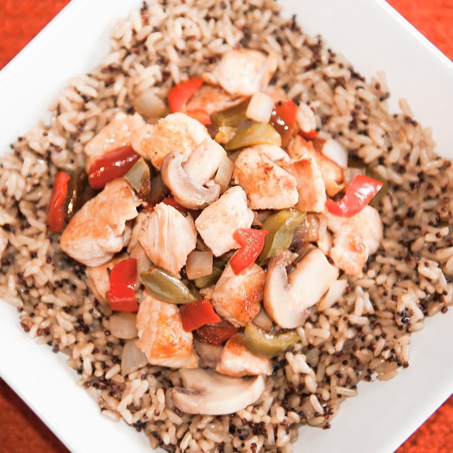 Chicken Supreme Rice Bowl · Marinated, fresh grilled chicken served with grilled mixed peppers, mushrooms and onions.