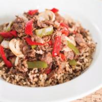 Steak Bomb Rice Bowl · Shaved top grade sirloin served with grilled mixed peppers, mushrooms and onions.