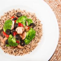 Veggie Rice Bowl · Served with grilled black olives, broccoli, mixed peppers, mushrooms and onions.