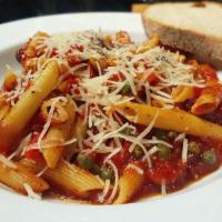 Penne Puttanesca · Kalamata olives, capers, oregano, white wine, marinara and Parmesan. Served with fresh bread.