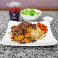 Steak and Shrimp Hibachi · Grilled with zucchini and mushrooms in a ginger soy sauce. Served over Japanese fried rice a...