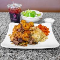 Steak, Chicken and Shrimp Hibachi · Grilled with zucchini and mushrooms in a ginger soy sauce. Served over Japanese fried rice a...