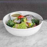 Salade Bergamote · Kale, greens, tomato,, radish, cucumber, pecan, oregano dressing 