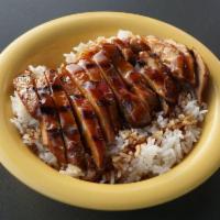 Teriyaki Chicken and Rice · Teriyaki all-natural chicken, thai jasmine rice, teriyaki sauce, served in a bigger bowl to ...