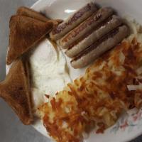 Link Sausage & Eggs · Four 1 oz. skin-on link sausages and 2 eggs.