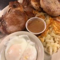 Pork Chops & Eggs · Two 6 oz. bone-in pork chops served with hot apple compote.