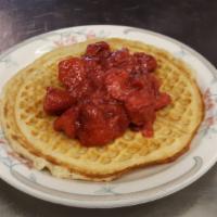 Classic Strawberry Waffle · Topped with strawberry compote and whipped cream.
