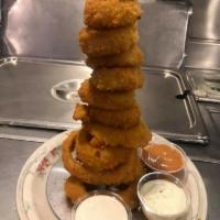 Onion Rings · Golden brown and served by the foot.