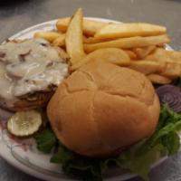 Vegetarian Burger · Topped with grilled mushrooms and  melted Swiss cheese. Includes lettuce, tomatoes and onions.