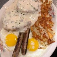 Biscuit and Gravy Combo · 2 strips of bacon or link sausage, hashbrowns, half order of biscuits and sausage gravy and ...