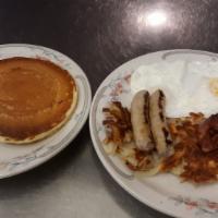 Bob's Special Combo · 2 strips of bacon, 2 sausage links, 2 eggs, hashbrowns and 2 pancakes.