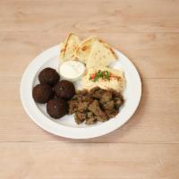 Deluxe Falafel Platter · Gyro meat, falafel, hummus with tzatziki or tahini sauce.