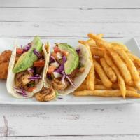 Popcorn Shrimp Tacos · Two Flour Tortillas Served with Monterey Jack Cheese, Red Cabbage, Pico de Gallo, Green Onio...