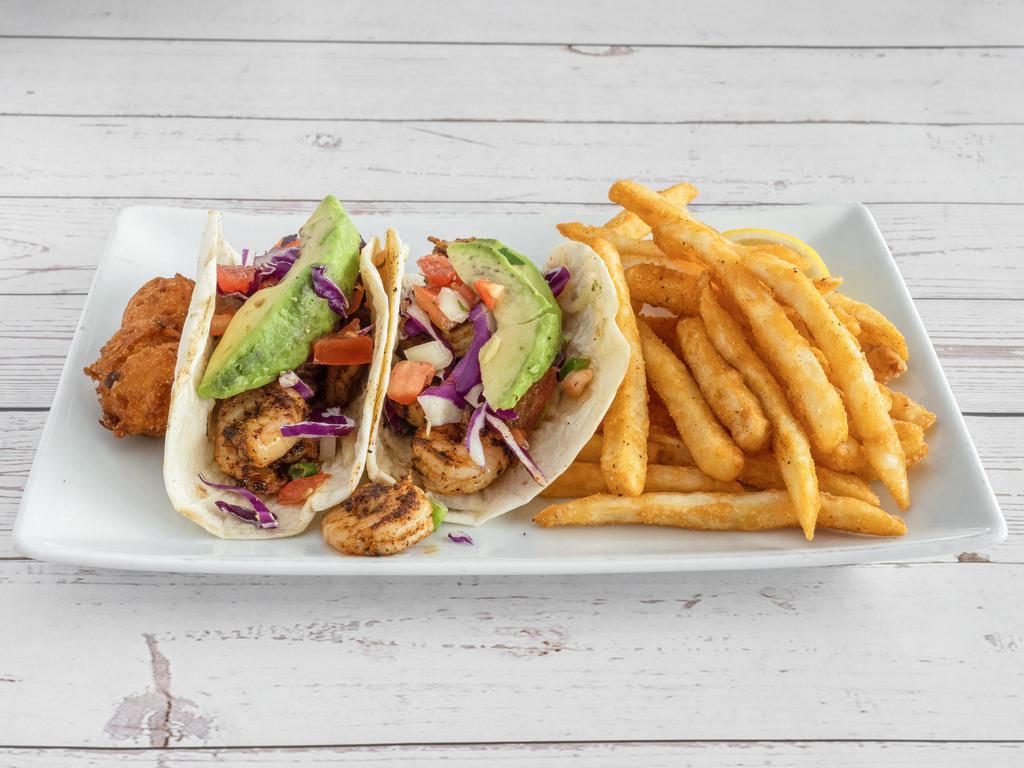 Popcorn Shrimp Tacos · Two Flour Tortillas Served with Monterey Jack Cheese, Red Cabbage, Pico de Gallo, Green Onion, Avocado, & Jalapeño Ranch - Comes with Catch Fries & Hush Puppies 