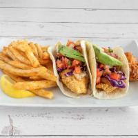 Catfish Tacos · Two Flour Tortillas Served with Monterey Jack Cheese, Red Cabbage, Pico de Gallo, Green Onio...