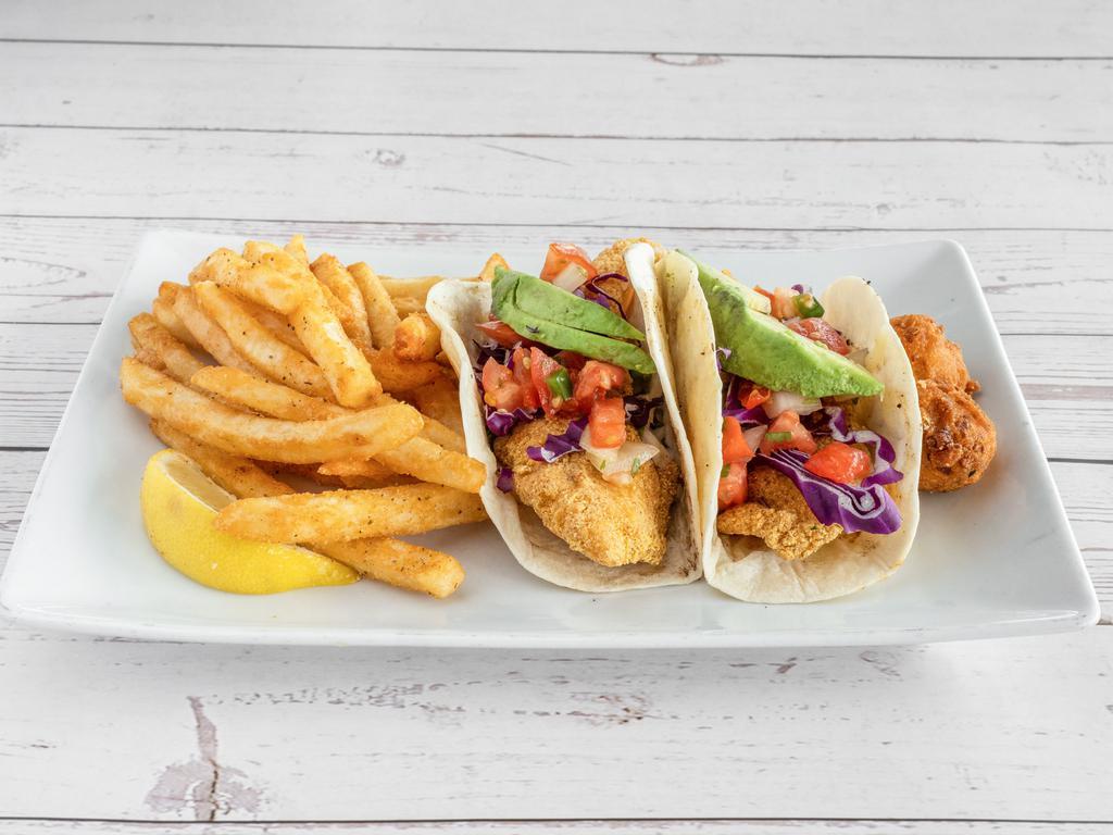 Catfish Tacos · Two Flour Tortillas Served with Monterey Jack Cheese, Red Cabbage, Pico de Gallo, Green Onion, Avocado, & Jalapeño Ranch - Comes with Catch Fries & Hush Puppies 