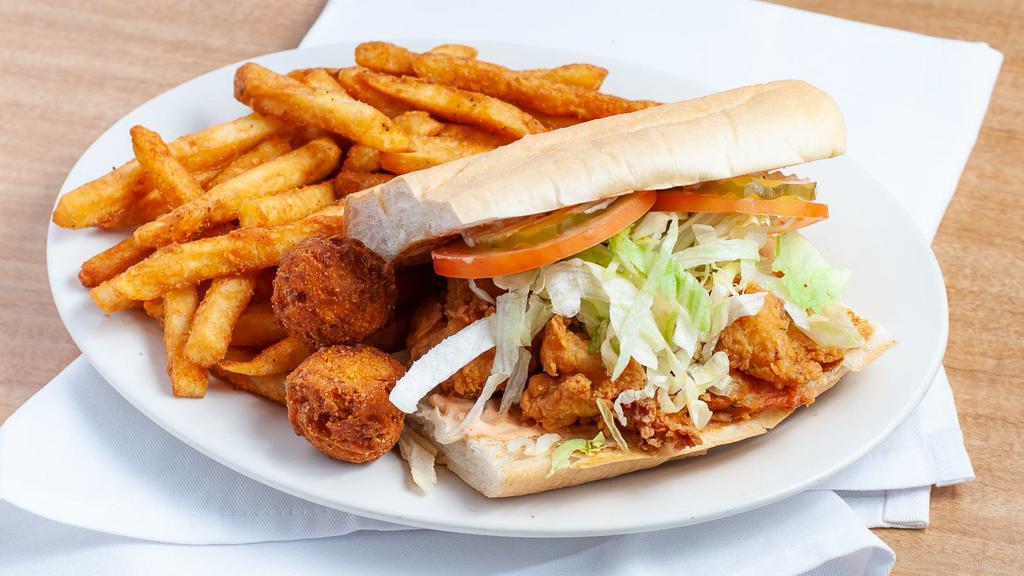 Popcorn Shrimp Po Boy · Toasted Gambino Bread with Lettuce, Tomato, Pickles, & Remoulade - Comes with Catch Fries & Hush Puppies 