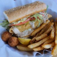 Catfish Po Boy · Toasted Gambino Bread with Lettuce, Tomato, Pickles, & Remoulade - Comes with Catch Fries & ...