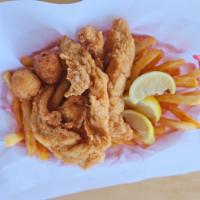 Chicken Tenders Basket · Served with Catch Fries & Hush Puppies