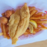 Catfish Basket · Served with Catch Fries & Hush Puppies