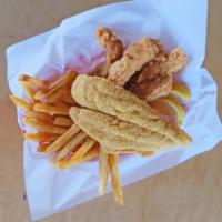 Catfish & Chicken Tenders Combo · 1 Fillet/4 Tenders - Served with Catch Fries & Hush Puppies