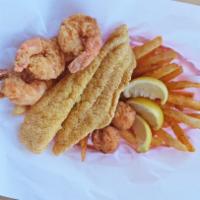 Shrimp & Crawfish Combo · 3 Jumbo Shrimp/4oz Crawfish Tails - Served with Catch Fries & Hush Puppies