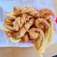Shrimp, Catfish & Chicken Tenders Combo · 3 Jumbo Shrimp/1 Fillet/3 Tenders - Served with Catch Fries & Hush Puppies