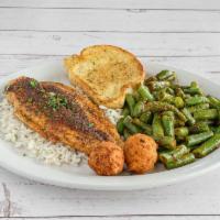 Grilled Catfish · 2 Fillets - Served with Rice, Garlic Bread, & Hush Puppies + One Side