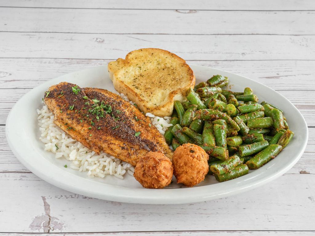 Grilled Catfish · 2 Fillets - Served with Rice, Garlic Bread, & Hush Puppies + One Side