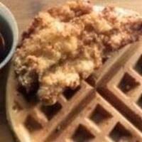 Chicken and Waffle · Choose 2 tenders or 4 wings with thick cake made from leavened batter or dough. 