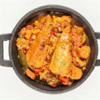 Poulet Basquaise · Vegan chicken legs (pea protein) slowly cooked with vegan chorizo (soy and paprika), melted ...