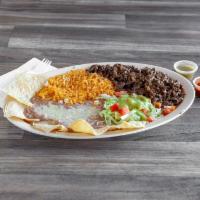 Plato de Carne Asada · Steak plate. Served with rice, beans, and salad.
