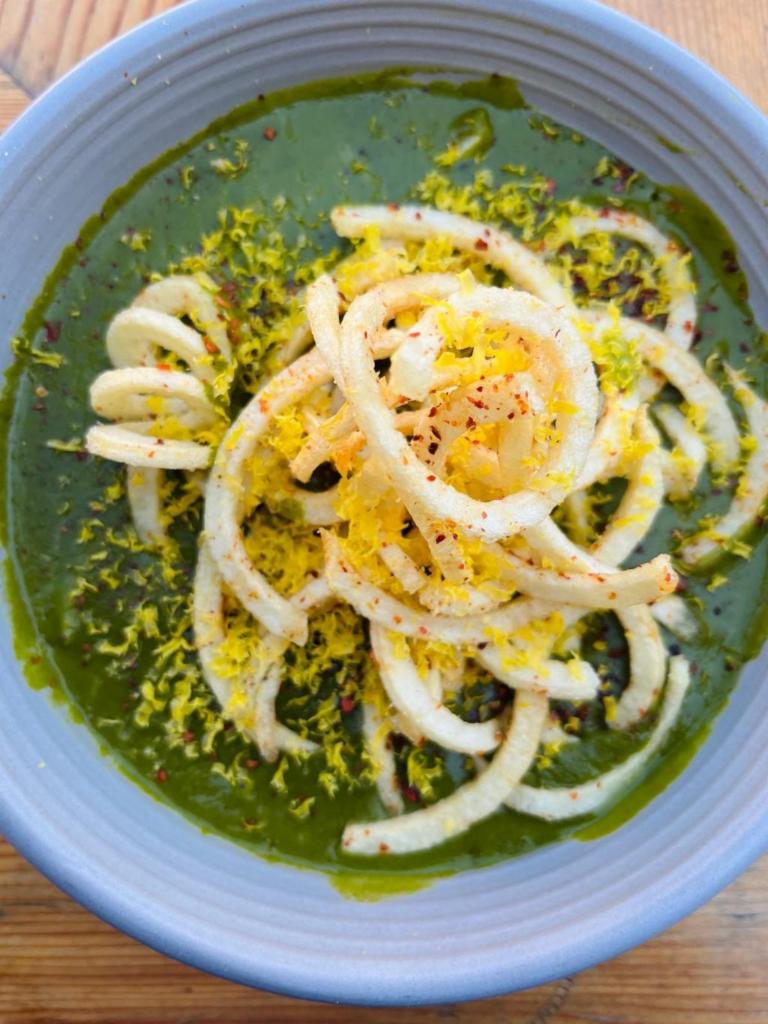 Soup Of The Day · kale and leek soup with curly fries and shaved cured egg yolk (contains pork and cream)