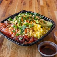 Regular Poke Bowl · Poke bowl with 2 scoops of fish. Served over rice or greens and customized with your choice ...