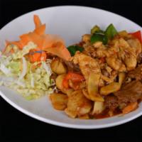 H5. 4 Treasures · Scallops, shrimp, beef and chicken sauteed with vegetables in a spicy garlic sauce. Hot and ...
