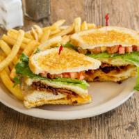 Cali Chicken Club Sandwich · Tender breast of chicken topped with Swiss and American cheeses and bacon, with lettuce and ...