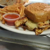 CHERRY CREEK SANDWICH · Our famous sandwich is a grilled chicken breast on a bun with bacon, Pepper Jack cheese, let...