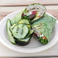 Great Greek Wrap · Grilled chicken, feta cheese, romaine, cucumber, banana peppers, red onion, kalamata olives ...