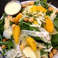Baby Kale Salad · Comes with chickpeas, orange segments, shaved fennel, and Parmigiano Reggiano.