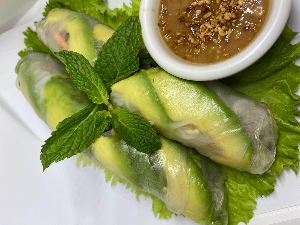 SUMMER ROLLS · 2 pieces. Fresh lettuce, cucumbers, carrots, bean sprouts, mint, and vermicelli noodles, wrapped in rice paper. Served with peanut sauce. Choice of: shrimp, pork, tofu or avocado.