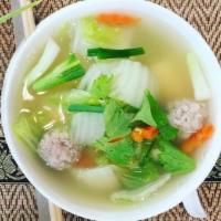 GAENG JEUD · LONG RICE SOUP:  Light chicken broth with long rice, carrots, cucumbers, onions, and celery....