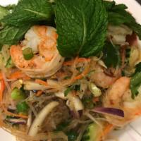 YUM WOON SEN · Long Rice Salad. Long rice, cucumbers, carrots, onions, cilantro, and mint tossed in house l...