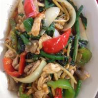 THAI BASIL · PAD PHET:  Mama Olay’s spicy sauce, bamboo shoots, bell peppers, long beans, onions, and Tha...