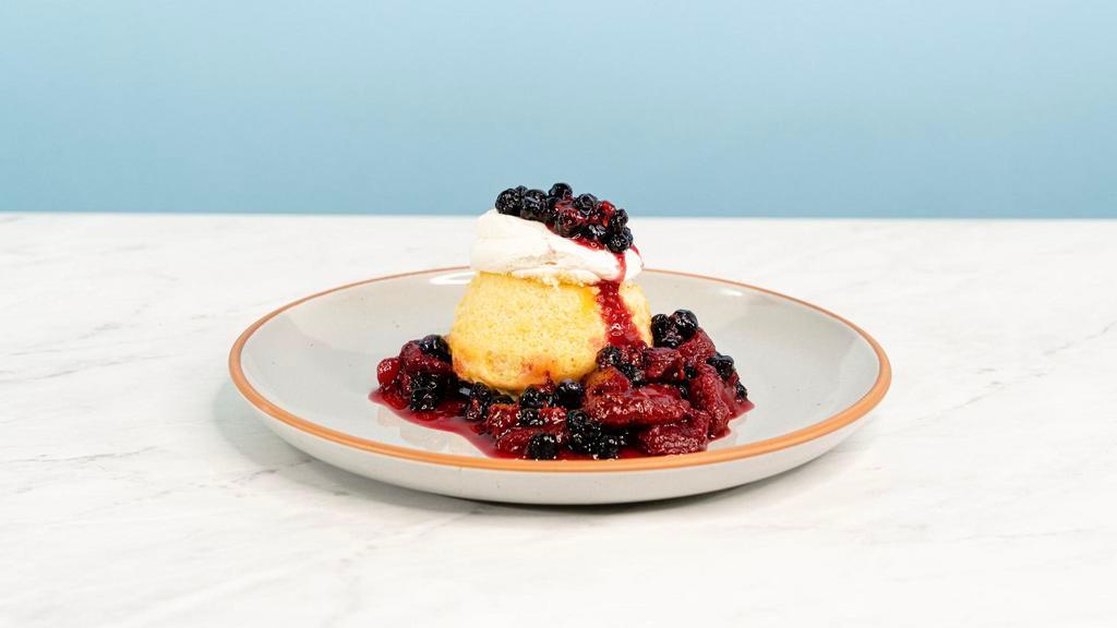 Berry Vanilla Chiffon · Filled with a fior di latte (think adult twinkie filling), this vanilla sponge cake calls for a deep spoon. A berry compote and dollop of mascarpone cream completes this rich dessert | Allergen: Milk, Egg, Tree Nuts